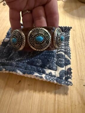 Source Unknown Brown Leather Bracelet with Turquoise and Silver Medallions